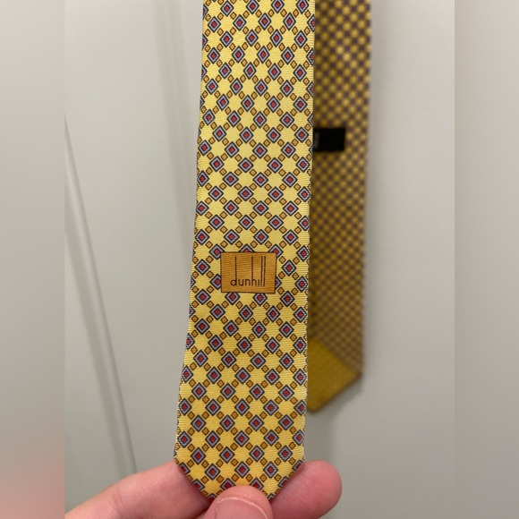 Dunhill Silk Tie Made in Italy Geometric Diamond Pattern Gold Yellow Blue Red - Picture 7 of 14